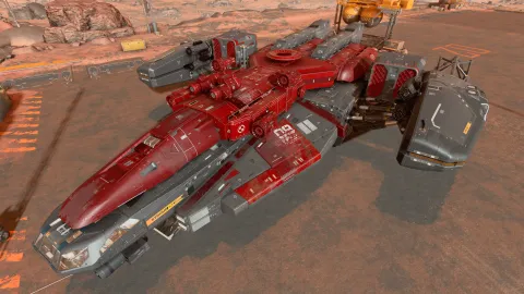A Crimson Fleet themed ship of mine on the landing pad at Cydonia (Mars).